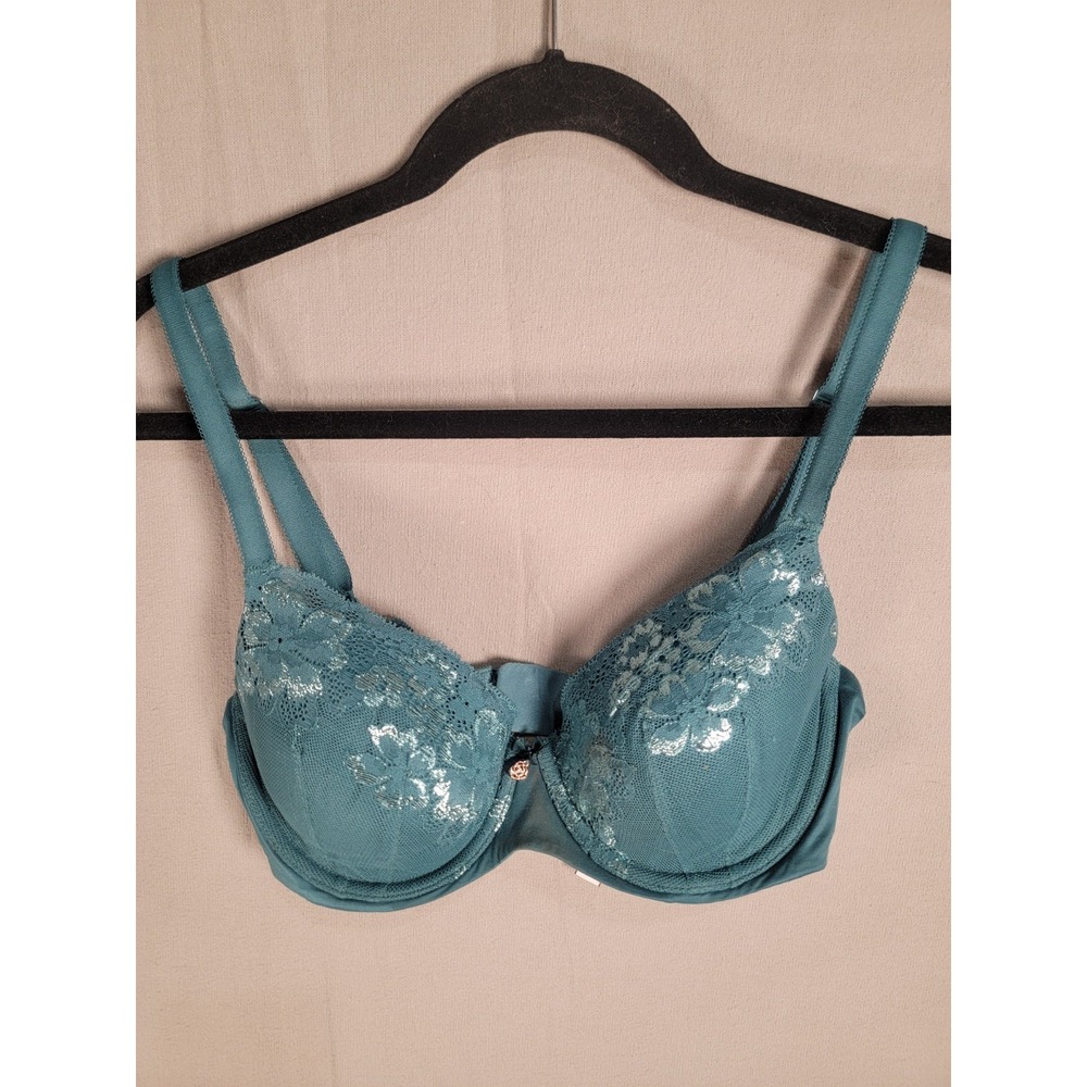 Victorias Secret Body By Victoria Bra 32DD Teal Green Silver Metallic Lace Demi